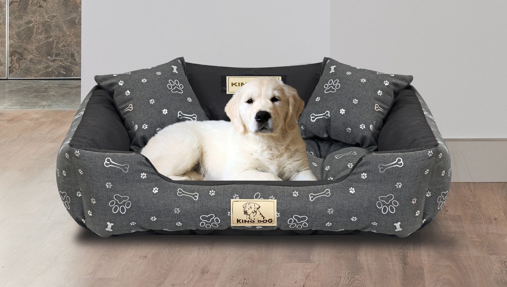 Legowisko dla psa kojec KINGDOG 75x65 cm personalizowane wodoodporne kości srebrne - | yesplease